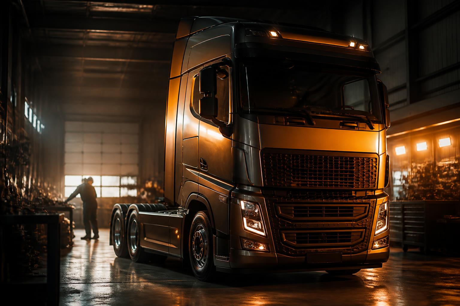Heavy-duty truck in a workshop bay